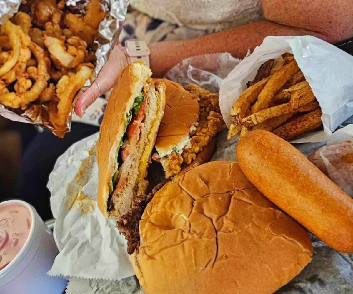 burger and fries and onion rings at r-b drive in in Hutchinson kansas