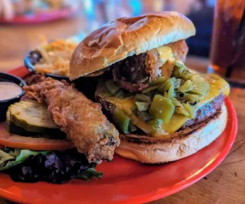 huge burger at mine shaft tavern in Madrid new mexico