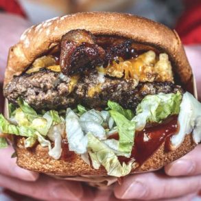 juicy cheeseburger at peter's gourmade burgers in Tustin california