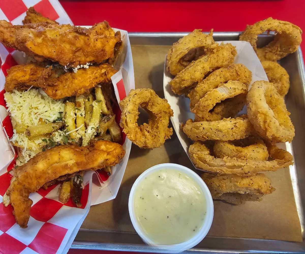 onion rings at TMG Burger Grill in Katy, Texas