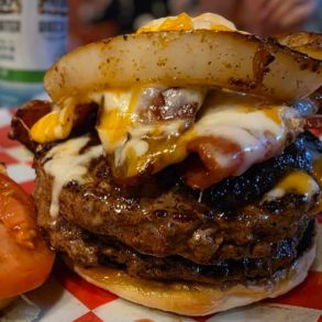 huge burger at coyote bluff cafe in Amarillo, Texas