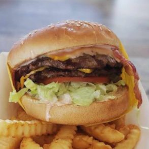 double cheeseburger at super tom's burgers in bakersfield