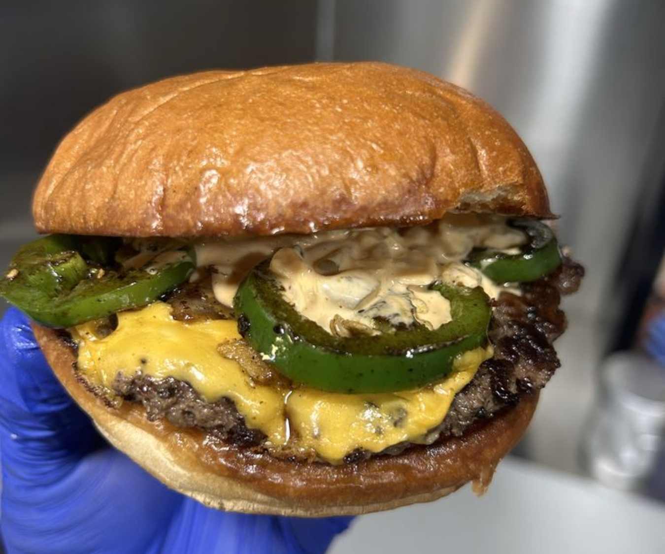 OG Smash with added grilled jalapeños at one twenty three burger in Jurupa valley CA
