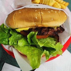 bacon avocado burger at burger Rush in Rialto ca