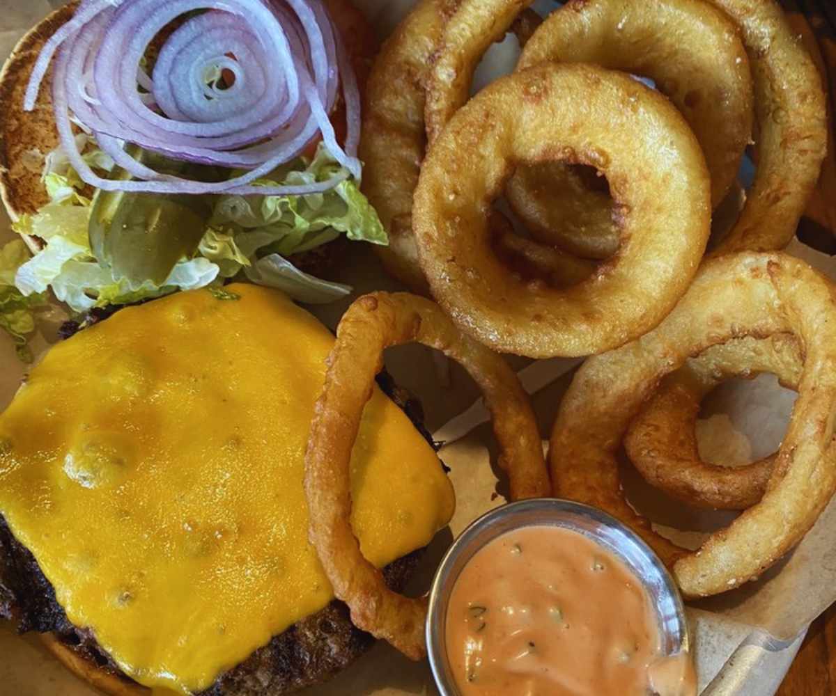 burger at lazy dog restaurant & bar in Naperville IL