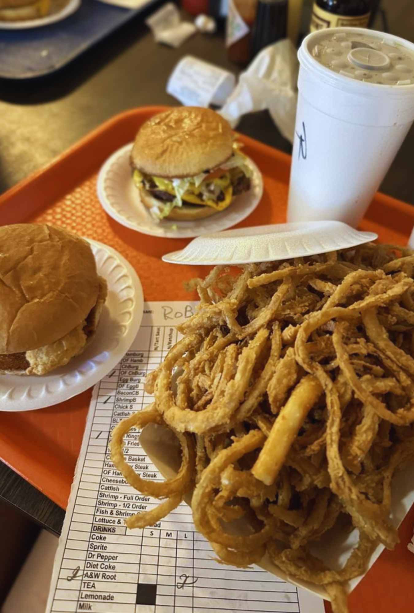 onion rings and burgers at Cotten's Famous Hamburgers
