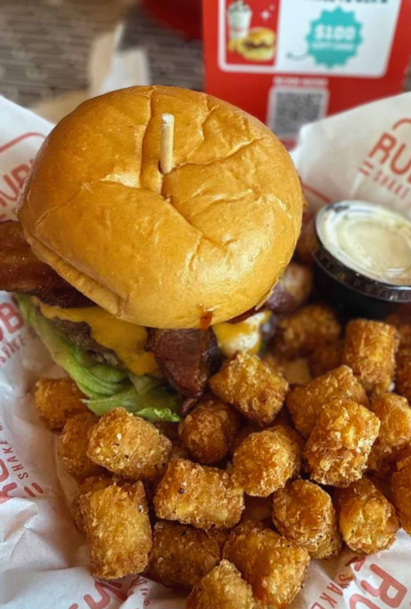 burger and tots at ruby's shake shop in Reno nevada