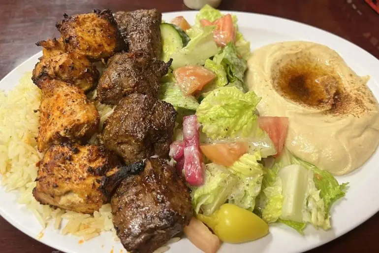 Beef chicken kebab plate at Janet's Mediterranean Cuisine in Duarte, CA.