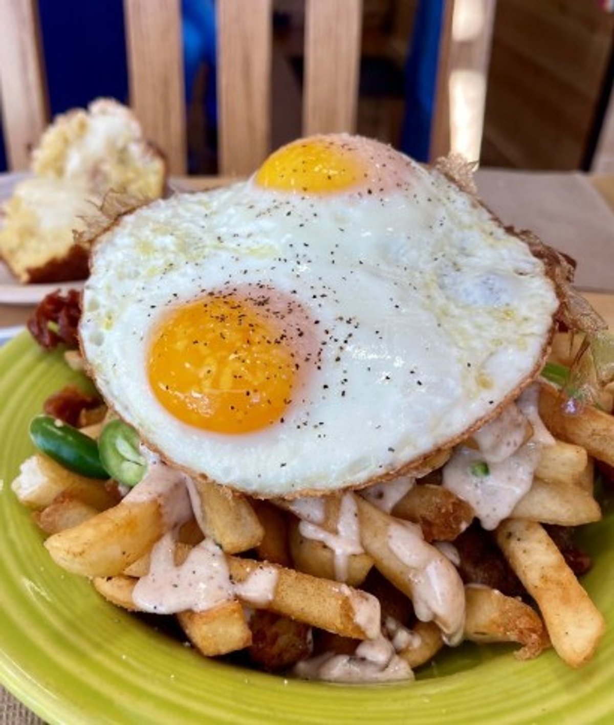 Bravas Fries with 2 eggs in The Dilly Duck Shop located in Norwalk, CT