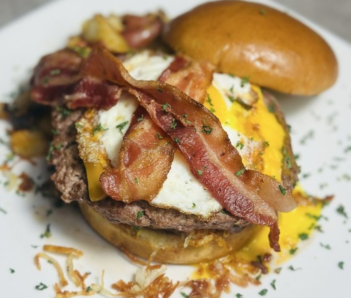 Breakfast Burger at Mom's Kitchen located in Fort Lauderdale, FL. 