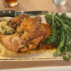 Brick chicken at Bird and Bottle located in Tulsa, OK.