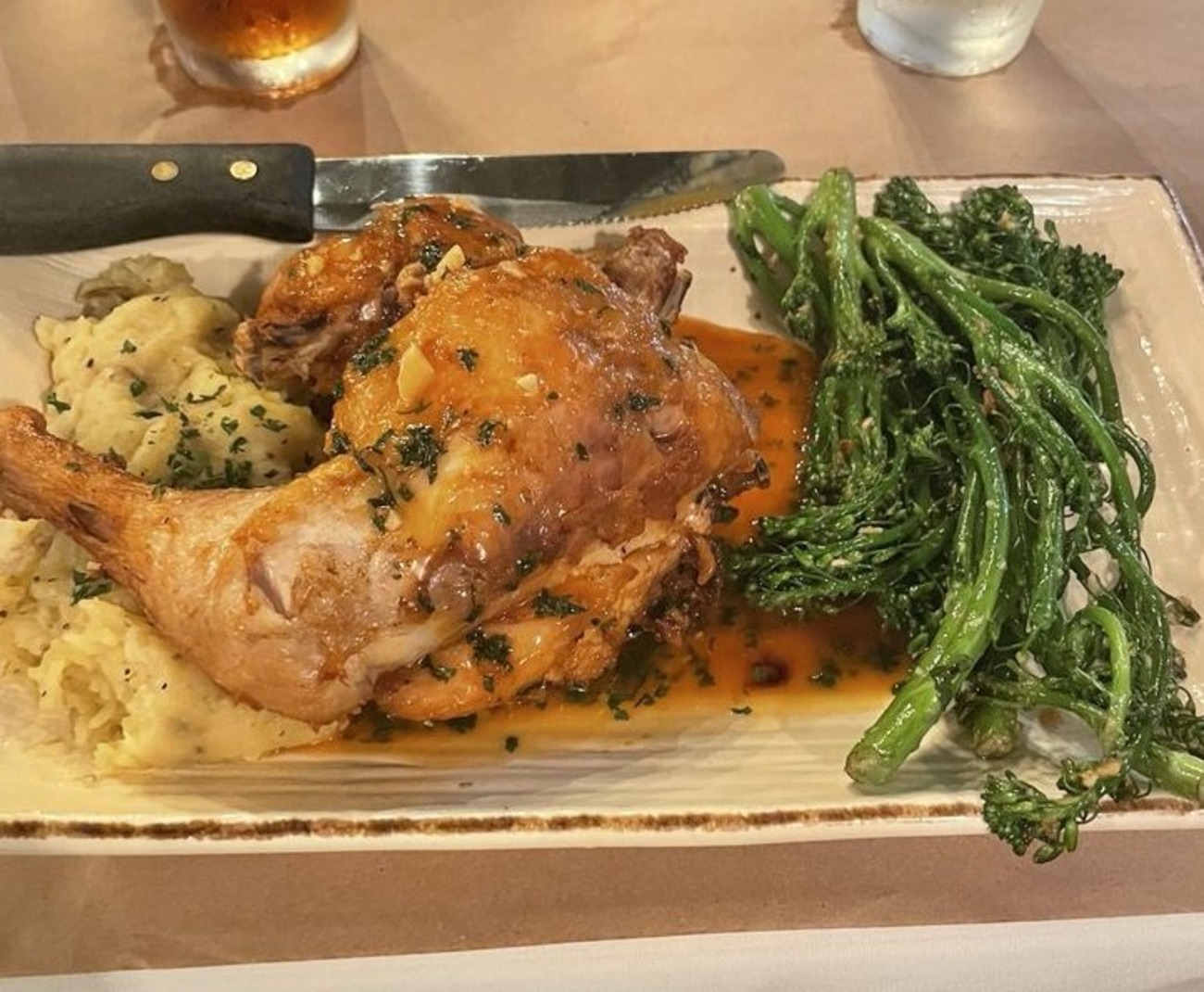 Brick chicken at Bird and Bottle located in Tulsa, OK.