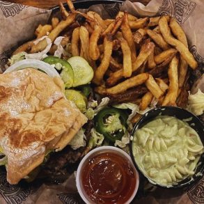 The Pharmacy Burger with Black Bean Burger sub, Fries, Cold Poblano Pasta Salad, Curry Ketchup in Nashville, TN