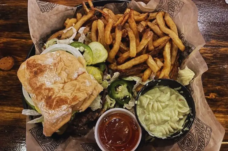 The Pharmacy Burger with Black Bean Burger sub, Fries, Cold Poblano Pasta Salad, Curry Ketchup in Nashville, TN