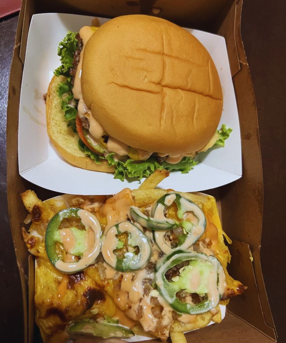 Burger with street fries at Main Street Burgers in Fresno, CA