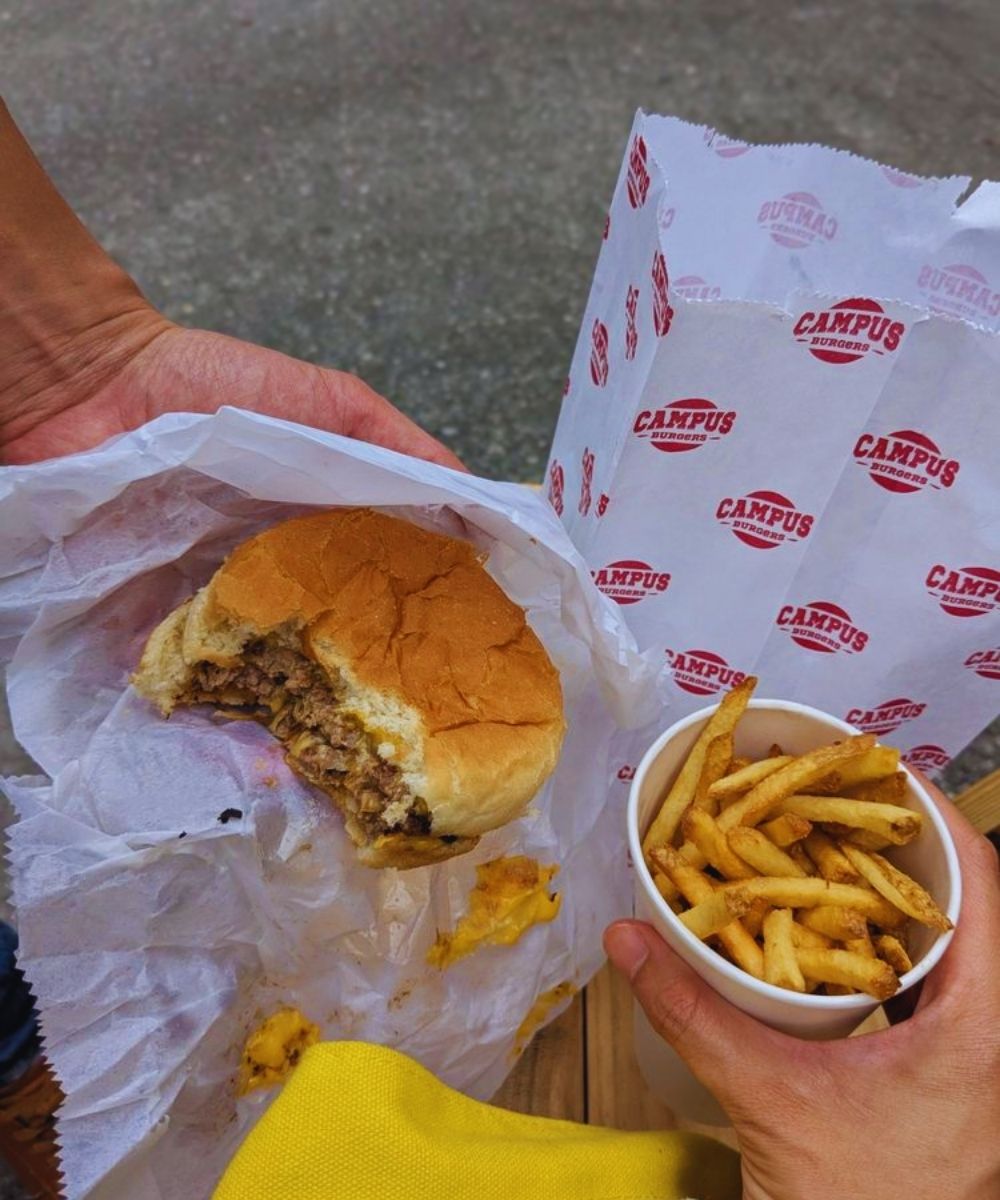 Double burger and fries at Campus Burgers in San Jose, CA