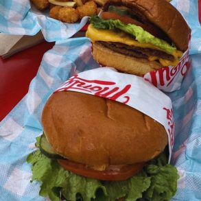 Double patty burger at Monty's Good Burger in Los Angeles, CA