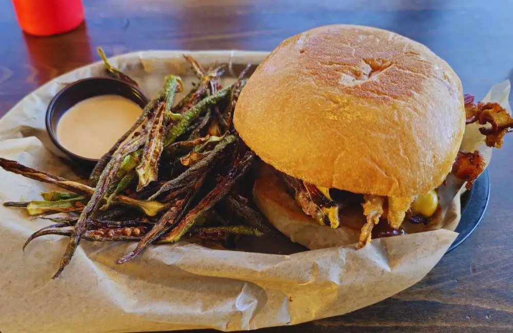 BBQ burger and okra fries at JD's Hamburgers in Fort Worth, TX