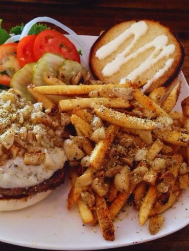 Roasted Garlic N Romano burger with garlic fries at Rich's Burgers N Grub in Salt Lake City