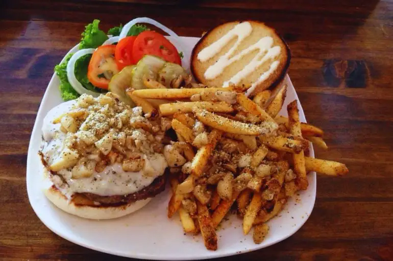 Roasted Garlic N Romano burger with garlic fries at Rich's Burgers N Grub in Salt Lake City