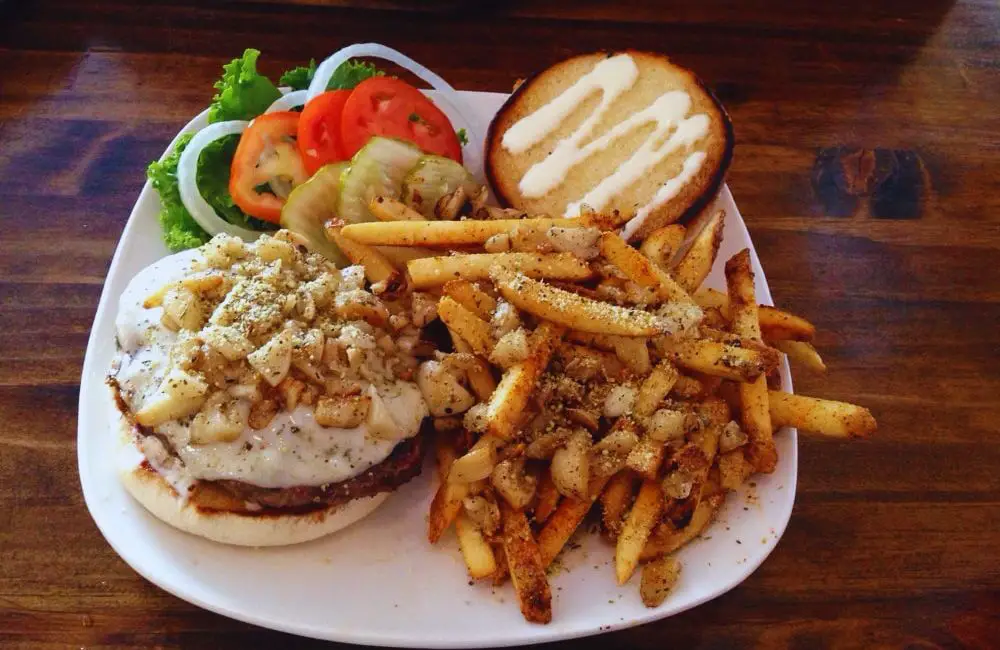Roasted Garlic N Romano burger with garlic fries at Rich's Burgers N Grub in Salt Lake City