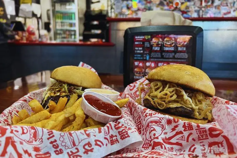 Karai Burger and 2. Tamago Burger at Fukuburger Chinatown