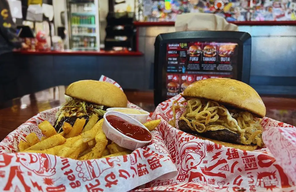 Karai Burger and 2. Tamago Burger at Fukuburger Chinatown
