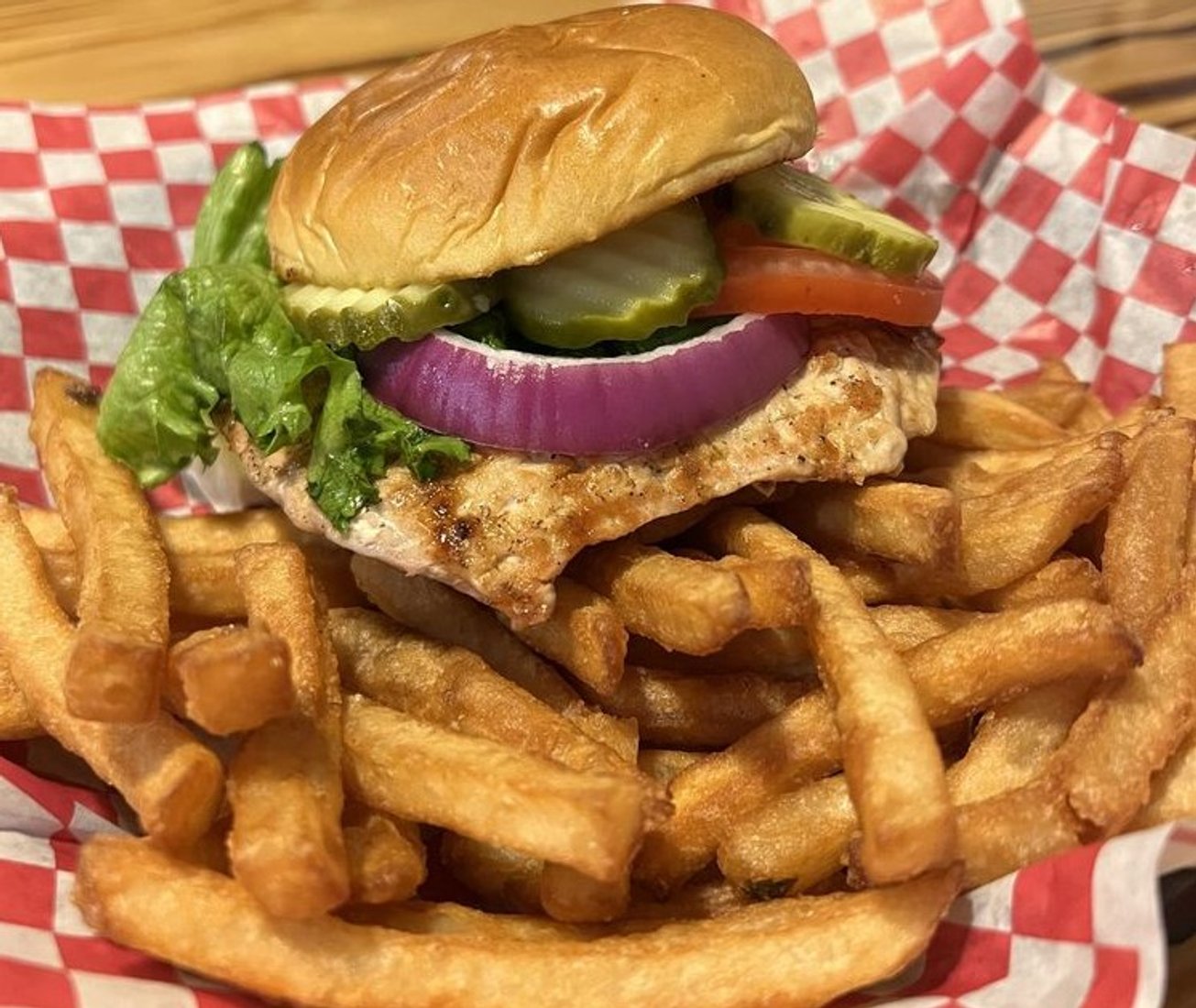 Burger and Fries at The Hornet's Nest Steakhouse located in Evansville, IN.