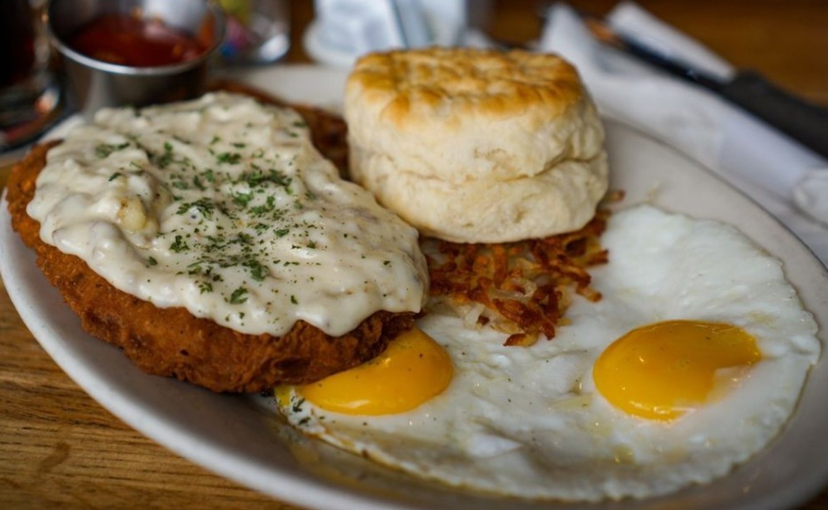 Chicken Fried Steak and Eggs in The Pumphouse Bar & Grill located in Bellevue, WA. 