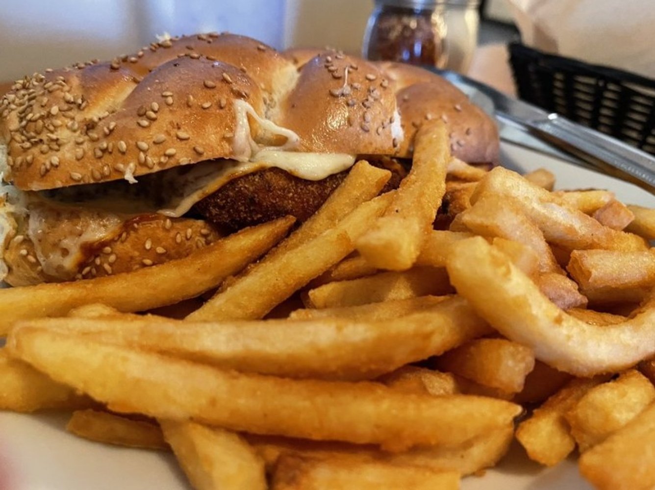 Chicken parm sandwich and fries at Johnny Macaroni's in Bridgewater, MA.