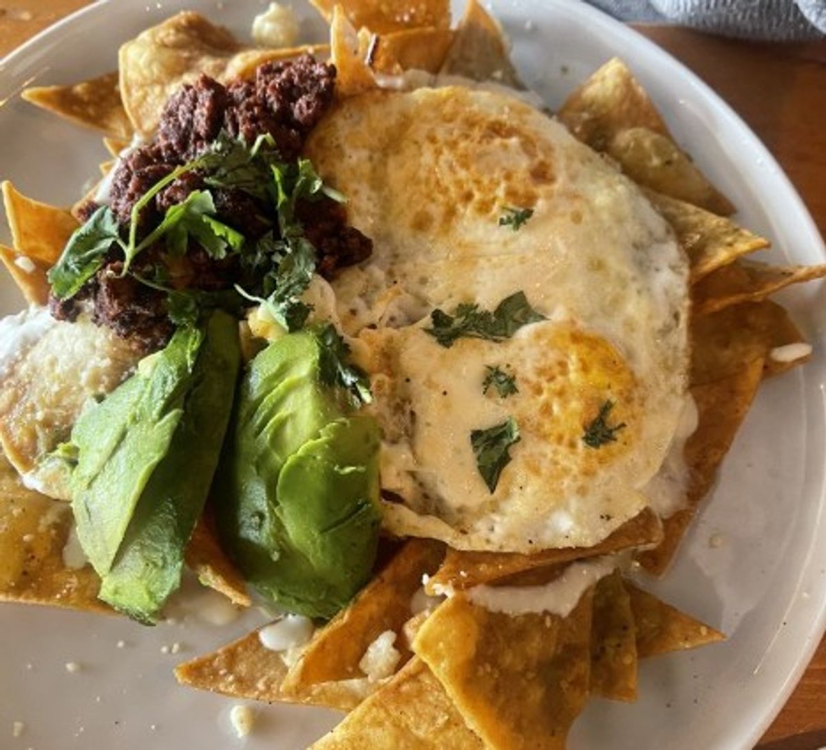 Chilaquiles special in Lovely Day Cafe located in Bedford, TX. 