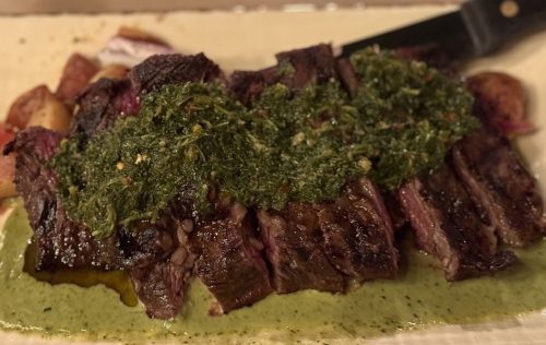 Chimichurri steak at Bird and Bottle located in Tulsa, OK.