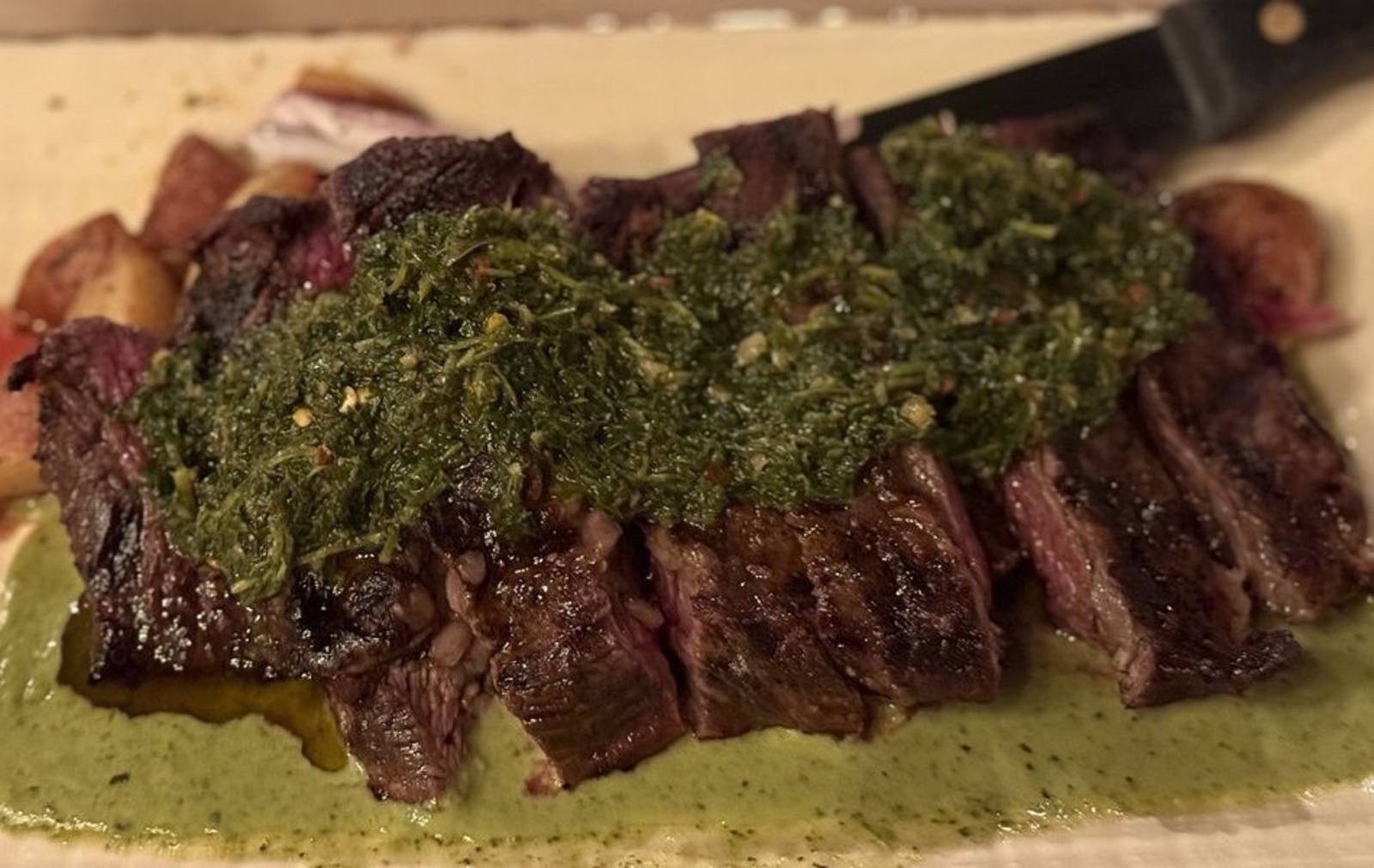 Chimichurri steak at Bird and Bottle located in Tulsa, OK.