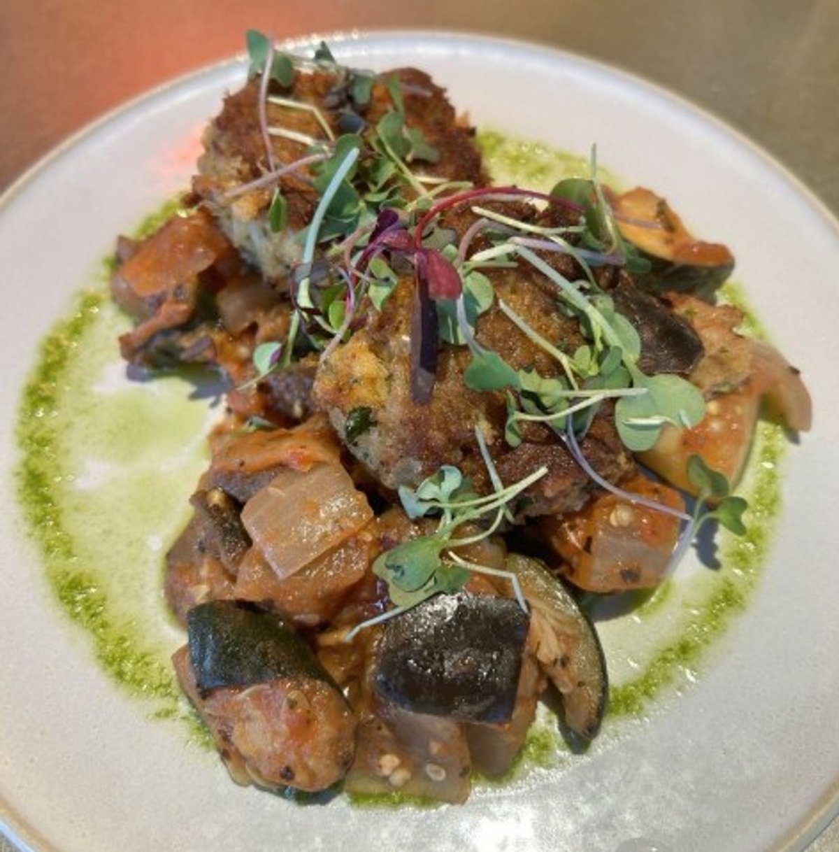 Crab cakes with ratatouille in The Ridge Room in Harrisonburg, VA.