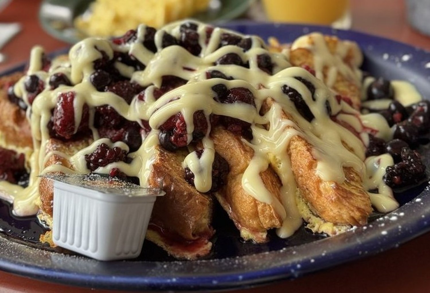 Four berry french toast in Keltic Kitchen located in West Yarmouth, MA.