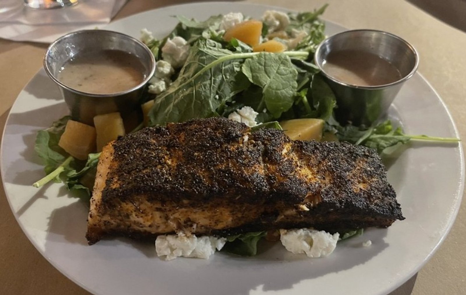 Blackened salmon in 1885 Grill located in Chattanooga, TN