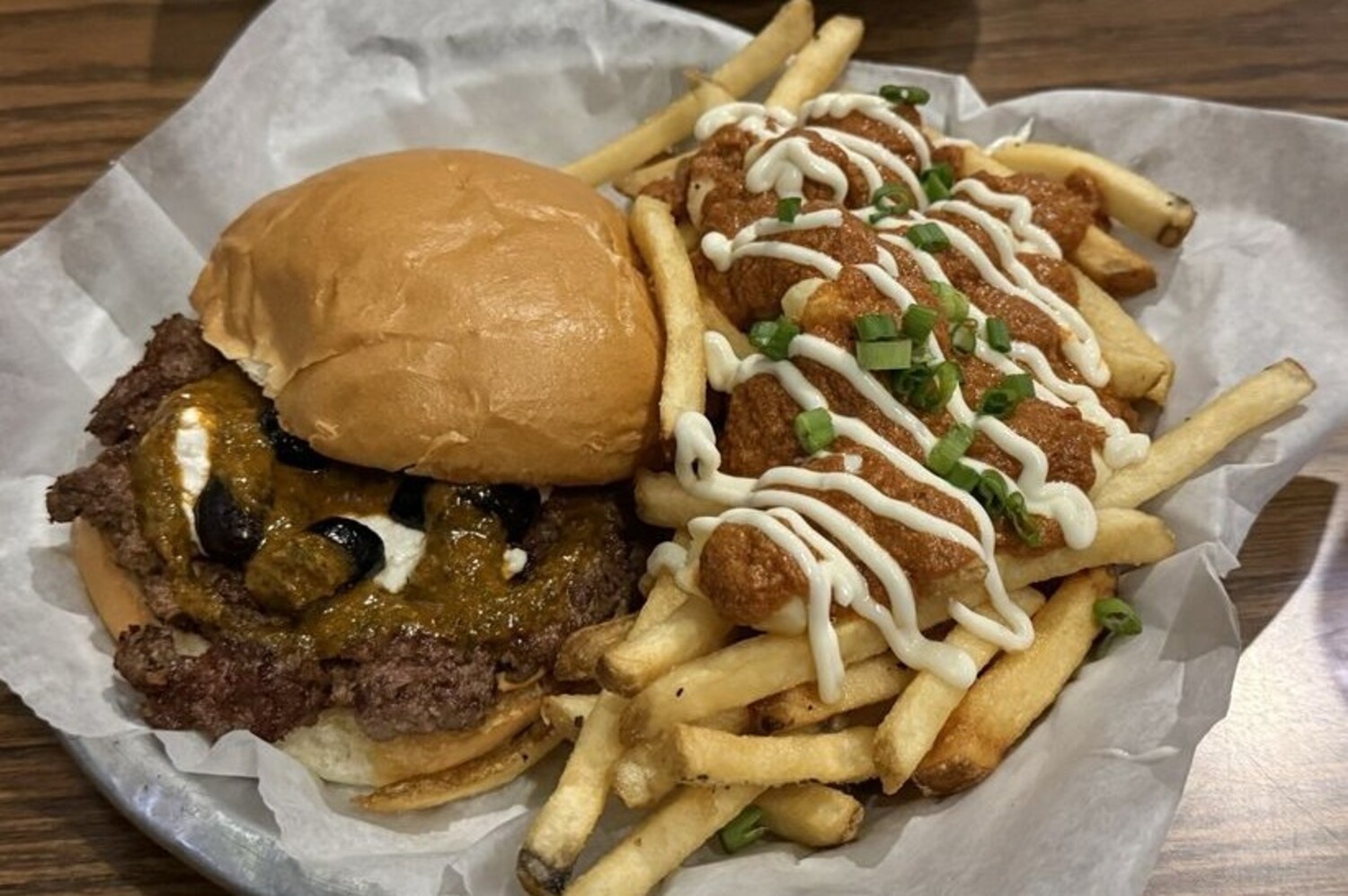 Marrakesh Burger with Dublin Fries at The Map Room located in Cedar Rapids, IA.