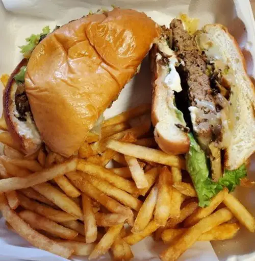Mushroom & Swiss Burger with French fries at Tee Jay’s Corner Cafe located in Carson City, NV.