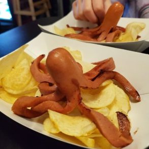 Octo-dog in a sea of chips in Lucky Louie's Beer & Wieners in Erie, PA.