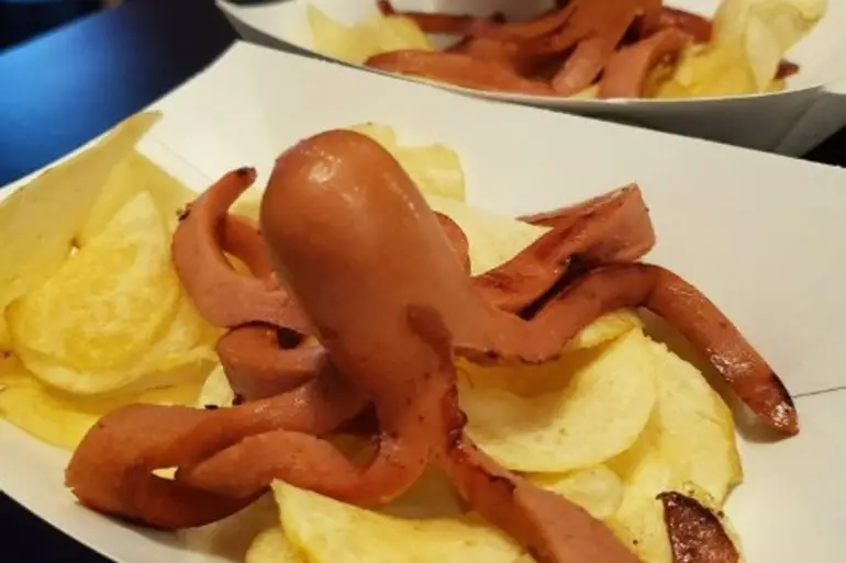 Octo-dog in a sea of chips in Lucky Louie's Beer & Wieners in Erie, PA.