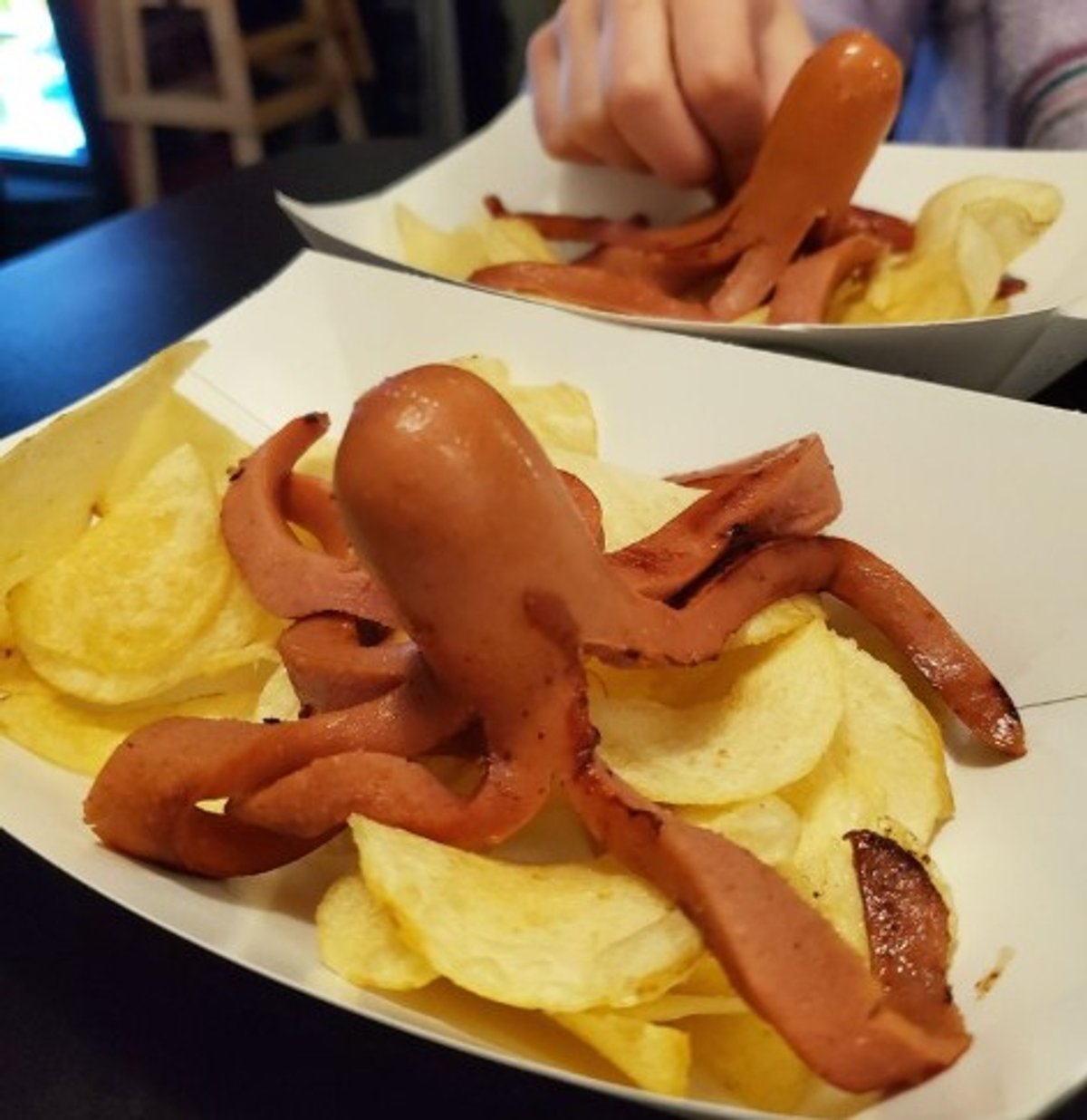 Octo-dog in a sea of chips in Lucky Louie's Beer & Wieners in Erie, PA.