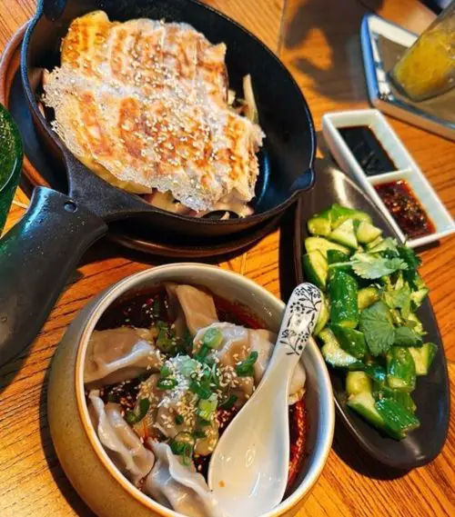 Pan Fried Veggie Dumplings, Cucumber Salad & Alley Chilli Dumplings at Sichuan Alley Bistro located in West Hartford, CT.