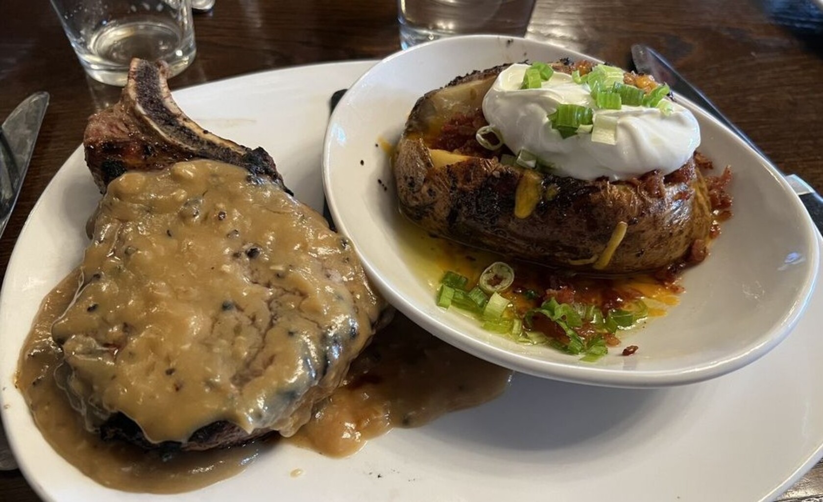 Pork Chop at Manning's Steaks and Spirits located in Lakewood,Colorado.