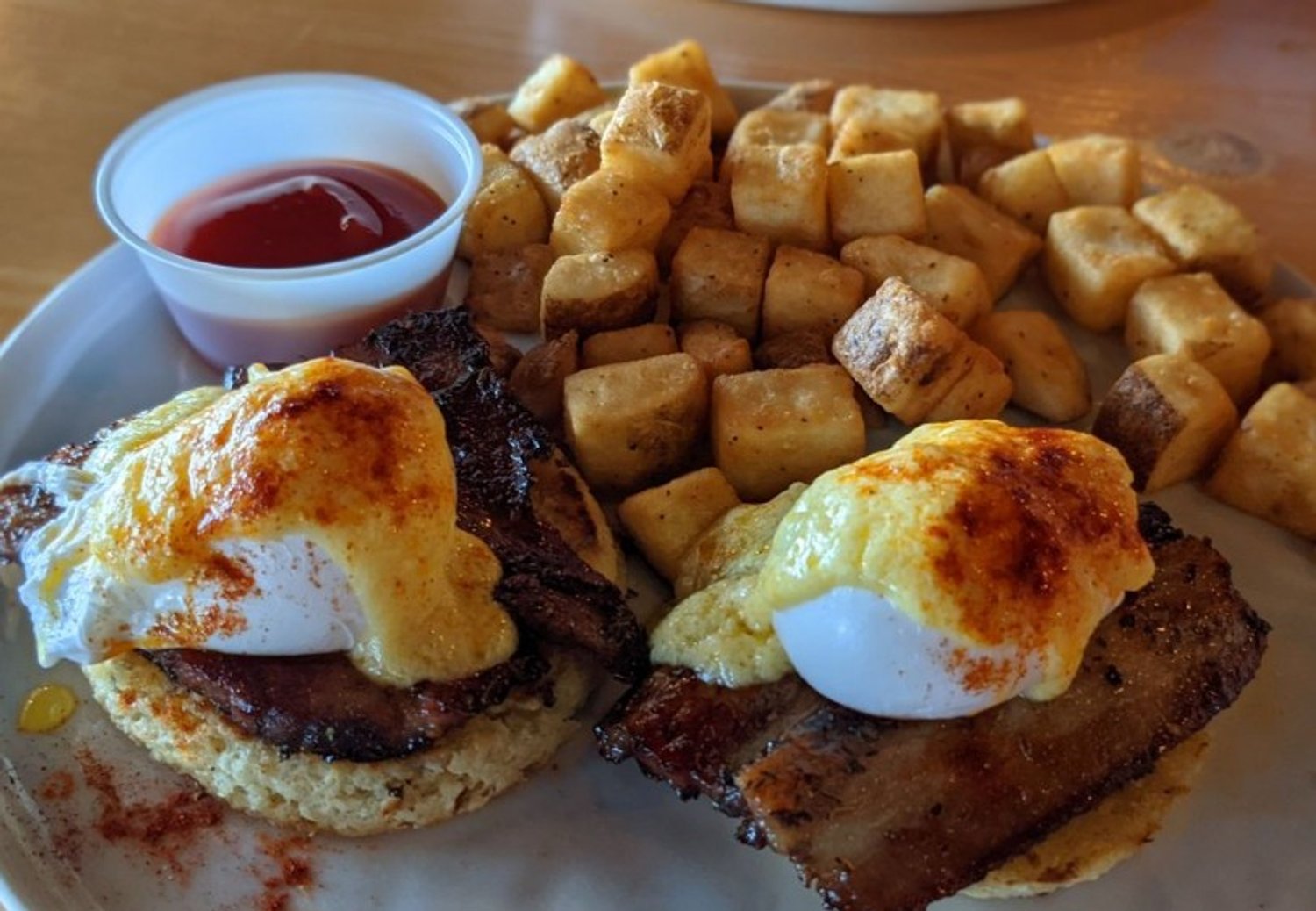 Pork belly eggs Benedict in Lovely Day Cafe located in Bedford, TX.