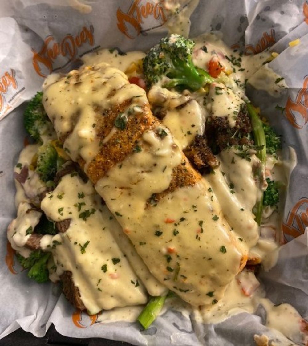 Salmon bowl with steak add on at Teedeez in Maple Heights, OH.