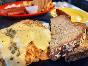 Salmon eggs Bennie on a delicious potato pancake in Keltic Kitchen located in West Yarmouth, MA.