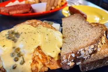 Salmon eggs Bennie on a delicious potato pancake in Keltic Kitchen located in West Yarmouth, MA.