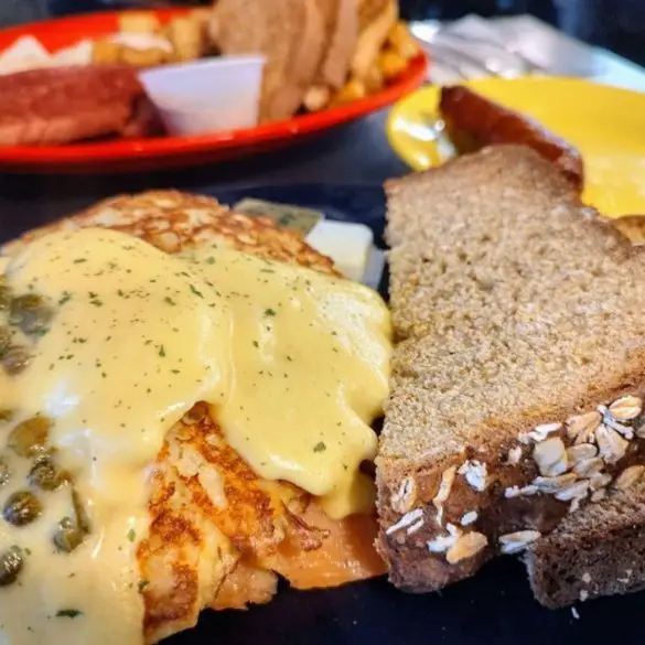 Salmon eggs Bennie on a delicious potato pancake in Keltic Kitchen located in West Yarmouth, MA.