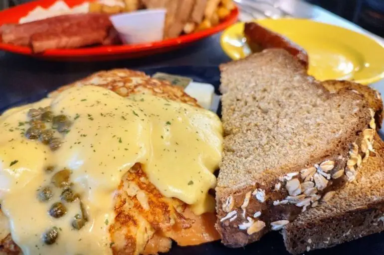 Salmon eggs Bennie on a delicious potato pancake in Keltic Kitchen located in West Yarmouth, MA.