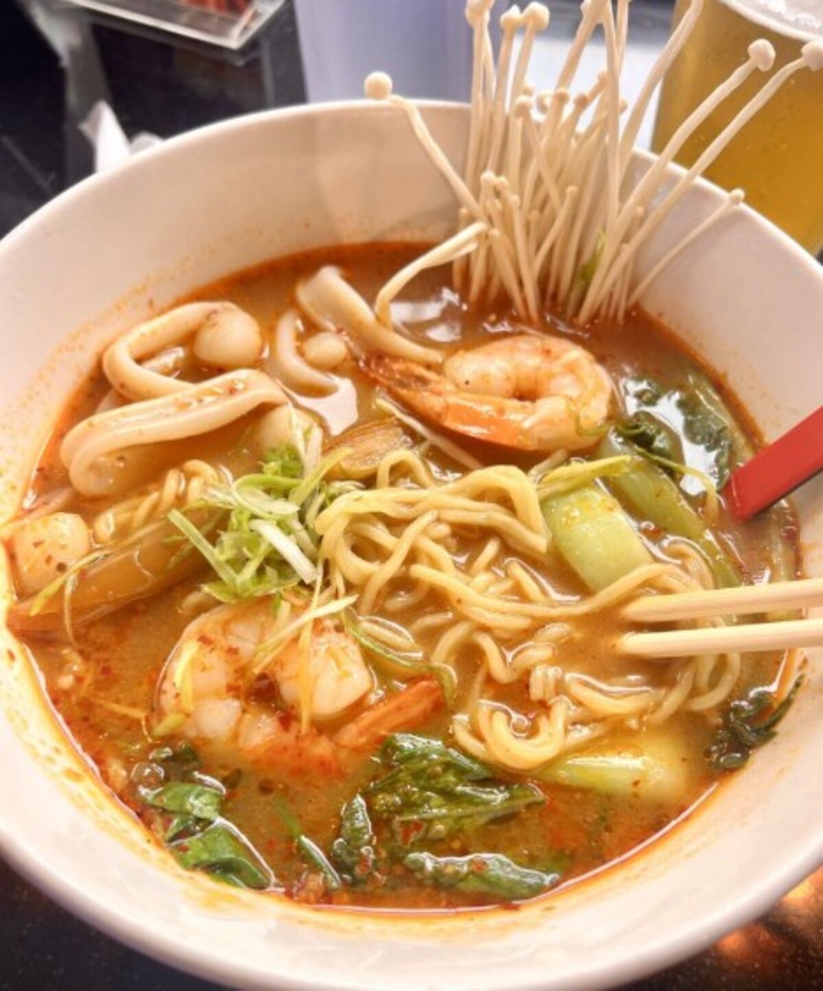 Spicy Seafood Tom Yum Ramen at Noodle Boulevard located in Cary, NC.